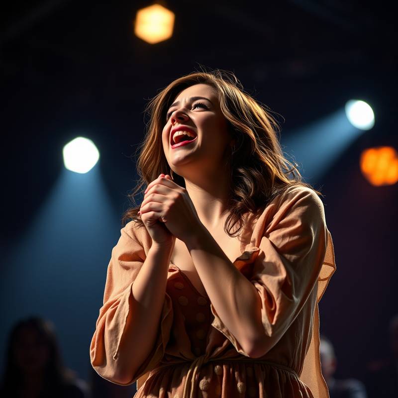 Een actrice die met passie een emotionele scène speelt op een verlicht toneel.