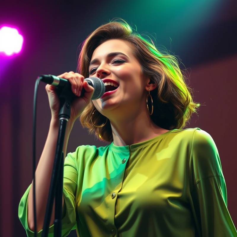 Een actrice die met passie een lied zingt in een microfoon, omringd door podiumlichten.