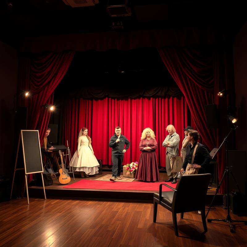 Een blik achter de schermen van een theater, met rekwisieten en kostuums op de achtergrond.