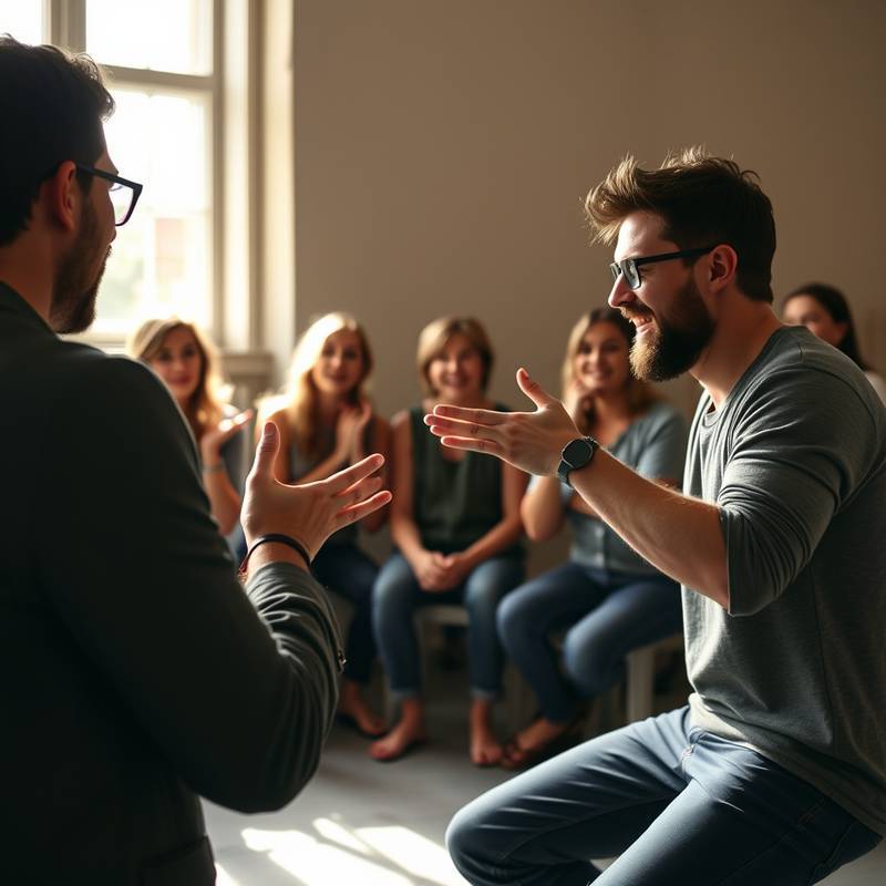Een groep acteurs die op een speelse manier aan het improviseren zijn tijdens een workshop.