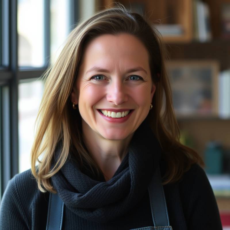 Portret van Eva Smits, docent bij De Magische Planken, lachend en vriendelijk kijkend.